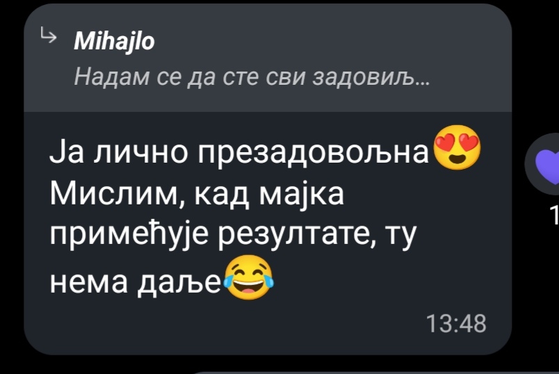 Poruka klijenta o zadovoljstvu treningom